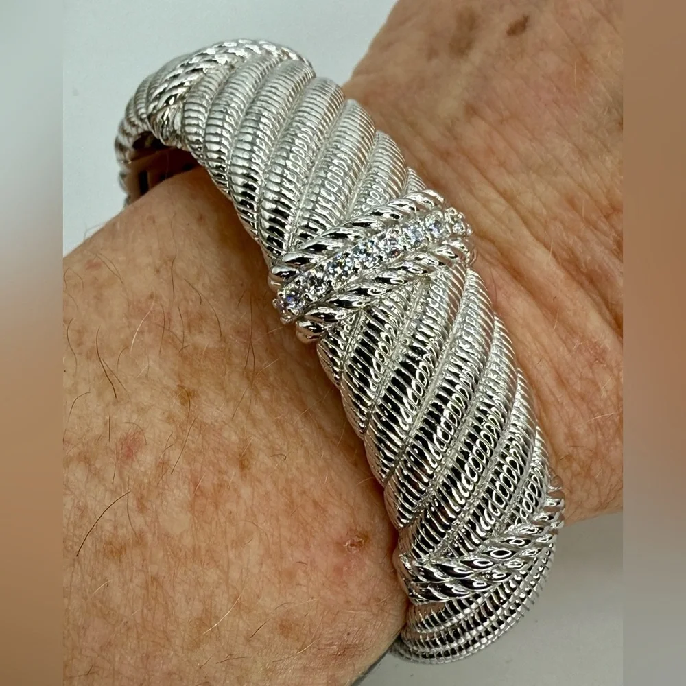 Vintage Judith Ripka Sterling Silver Cuff Bracelet with White Crystals 6.5”